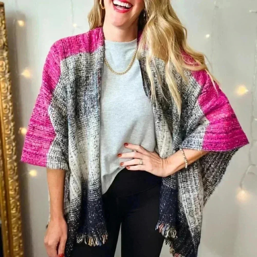 Hello Fall! KNIT SWEATER poncho - wrap -shawl - kimono  multi color